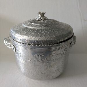 Vintage Hammered Aluminum Ice Bucket & Tong.Underside Of Lid Has Cocktail Recipe